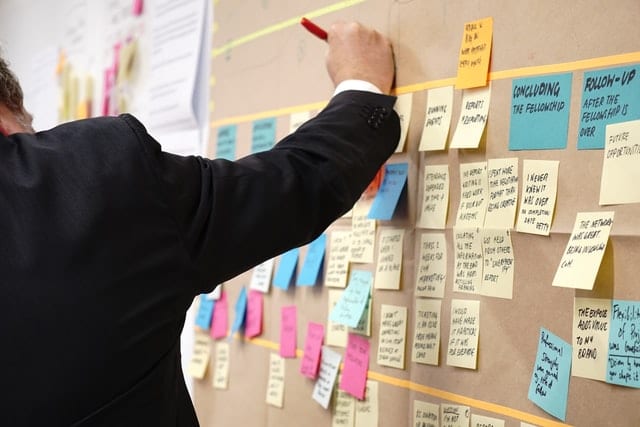 a large wall covered in sticky notes with a person preparing to add a new one to the wall