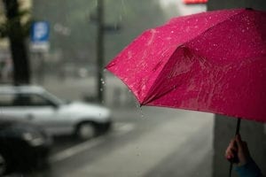 a pink umbrella being held in the rain