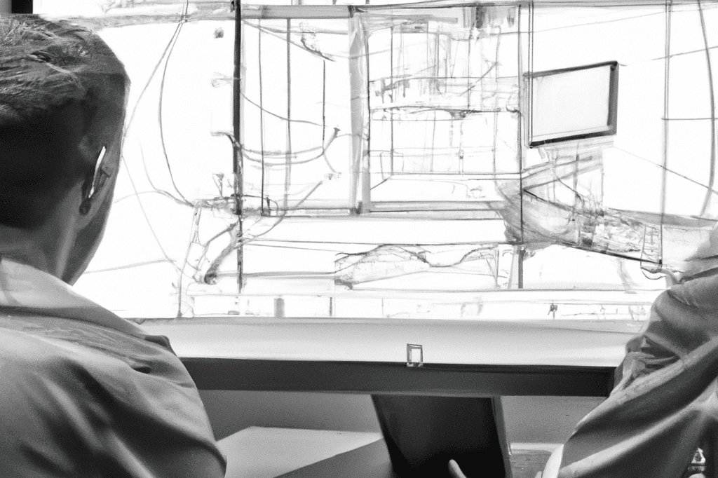 two people looking at a large monitor with various machinery blueprints on a white background