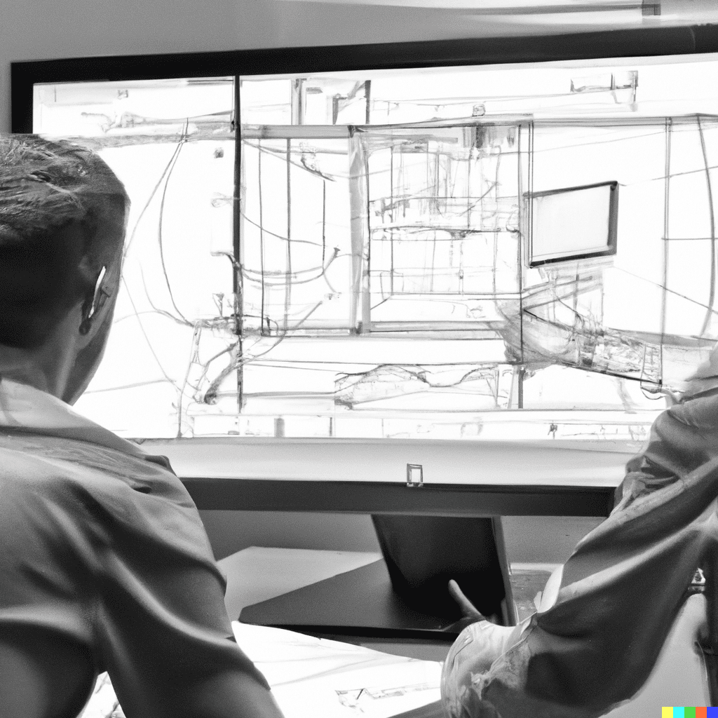 two people looking at a large monitor with various machinery blueprints on a white background