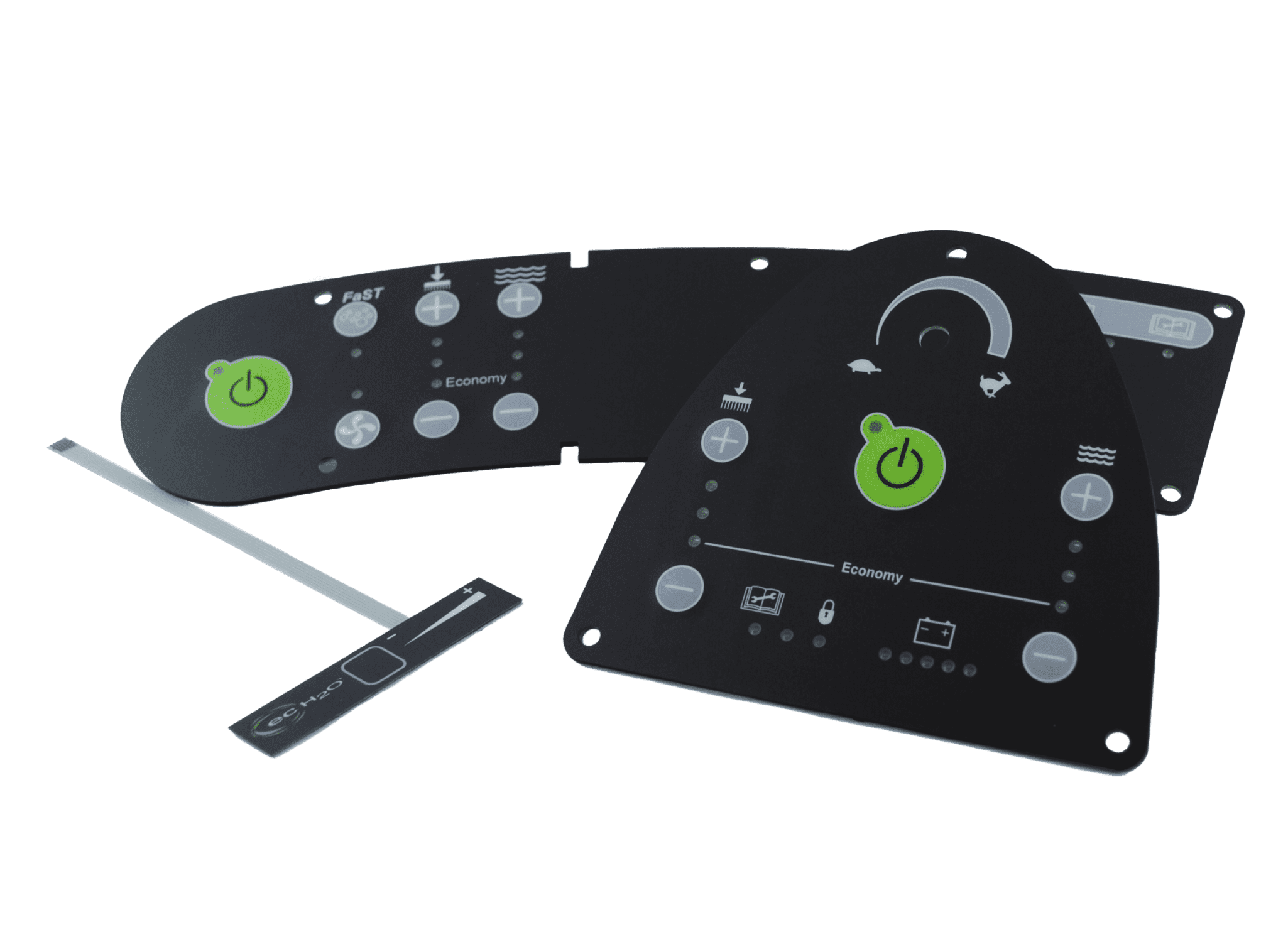 three various shaped samples of membrane switch faceplates