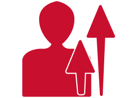 red icon of a person's silhouette and two up-pointing arrows