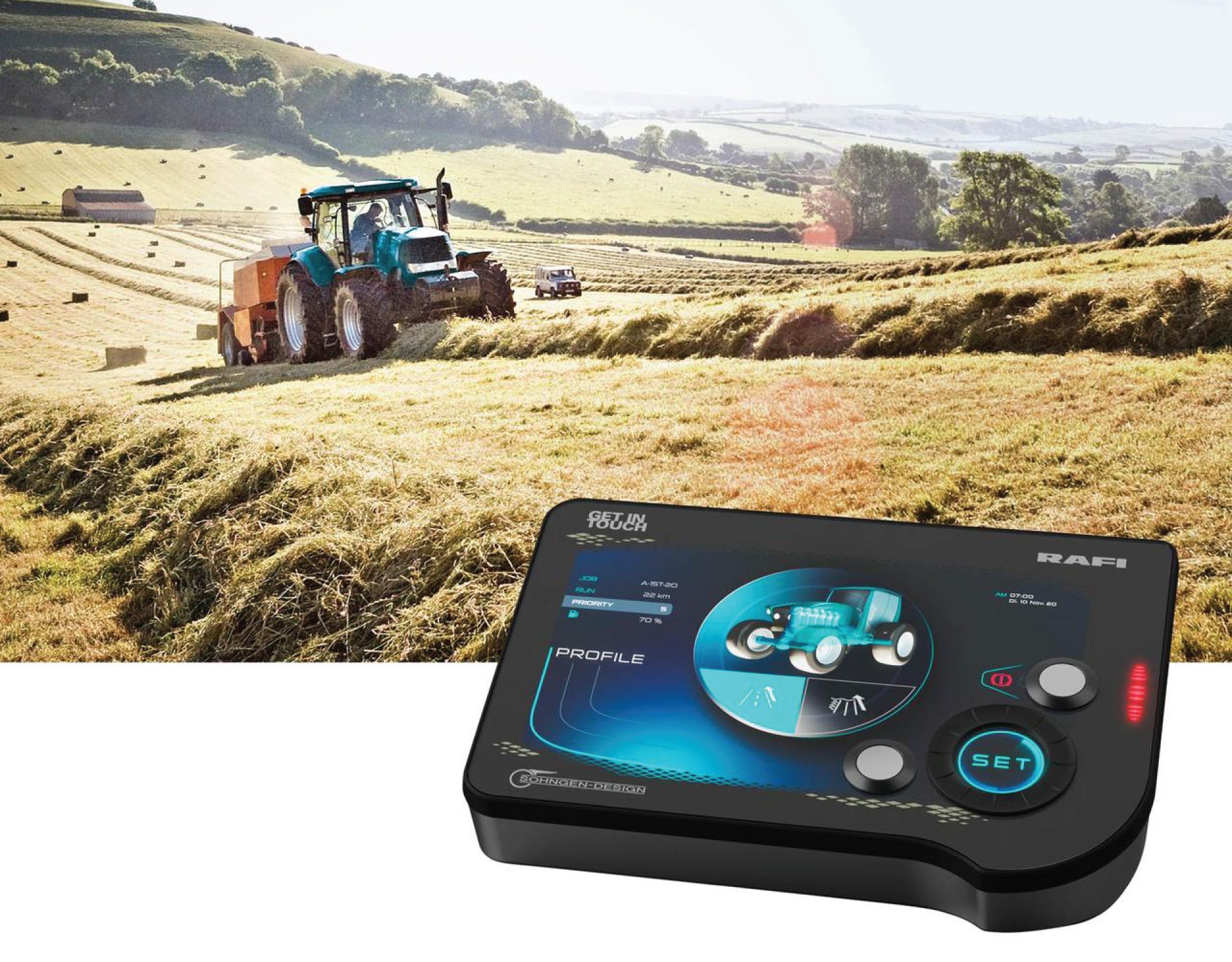 closeup of a FLEXSCAPE device with a backdrop image of a farm tractor working in a field