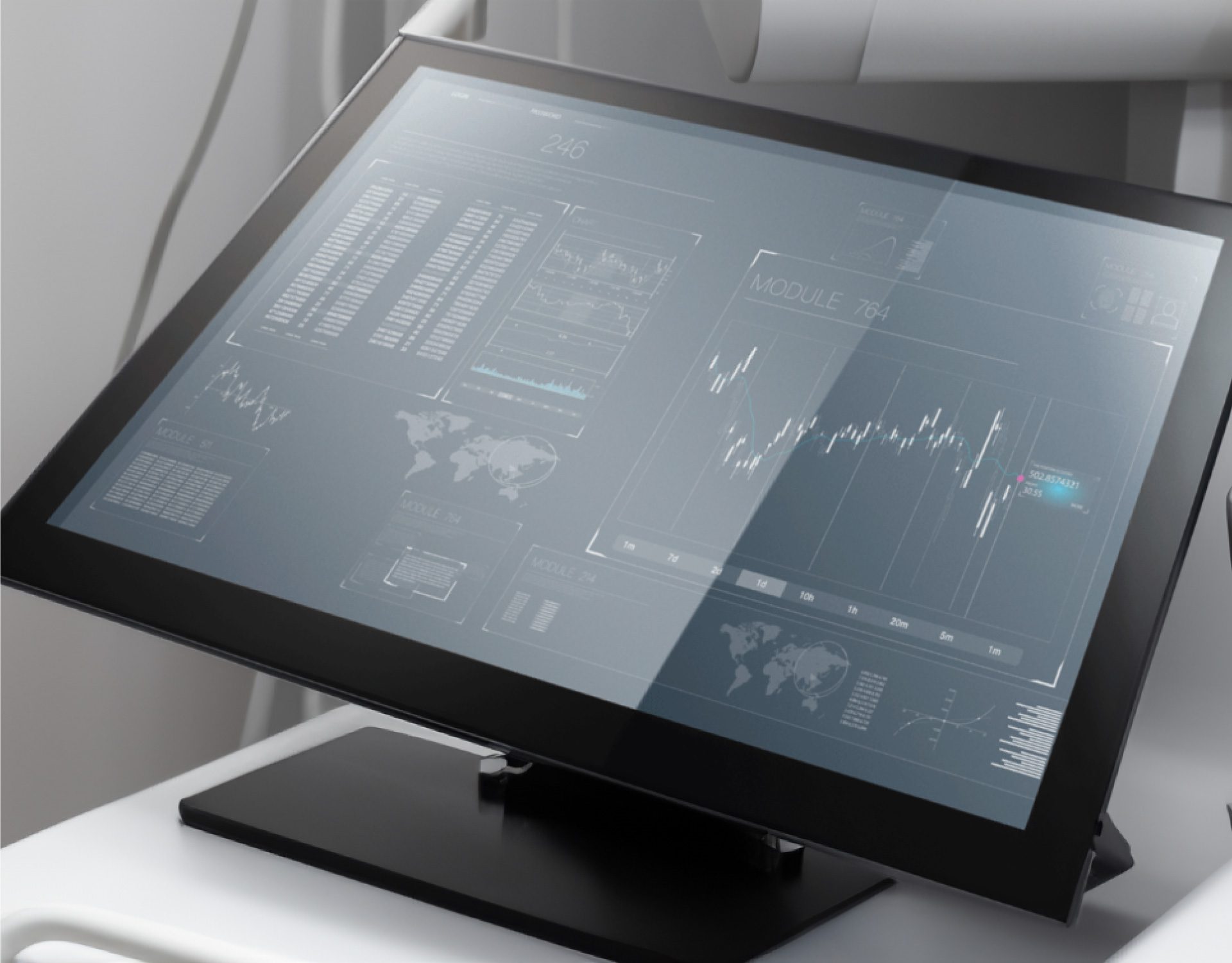 touchscreen monitor displaying various charts and graphs