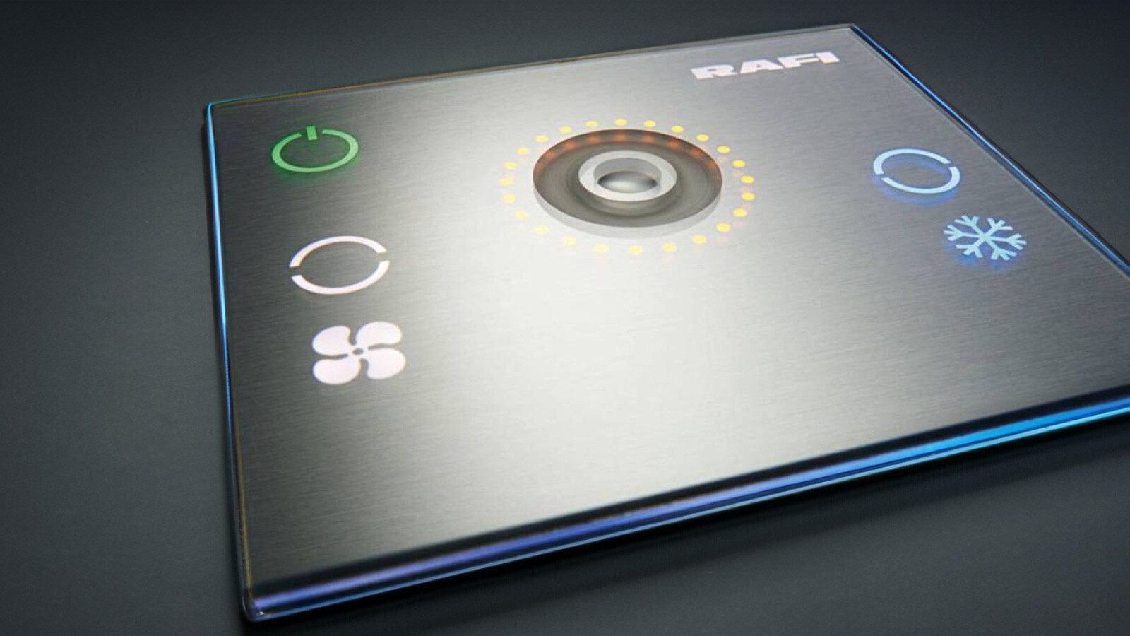 metallic-looking, rectangular shaped GLASSCAPE device branded with the RAFI logo