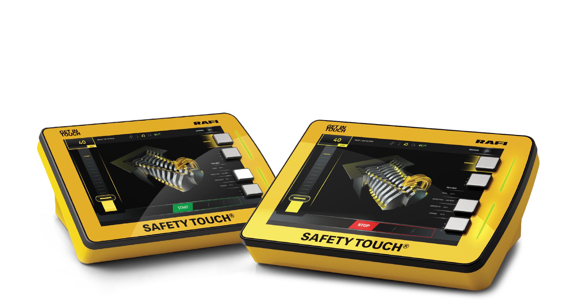 two yellow-colored examples of SAFETY TOUCH devices sitting side-by-side