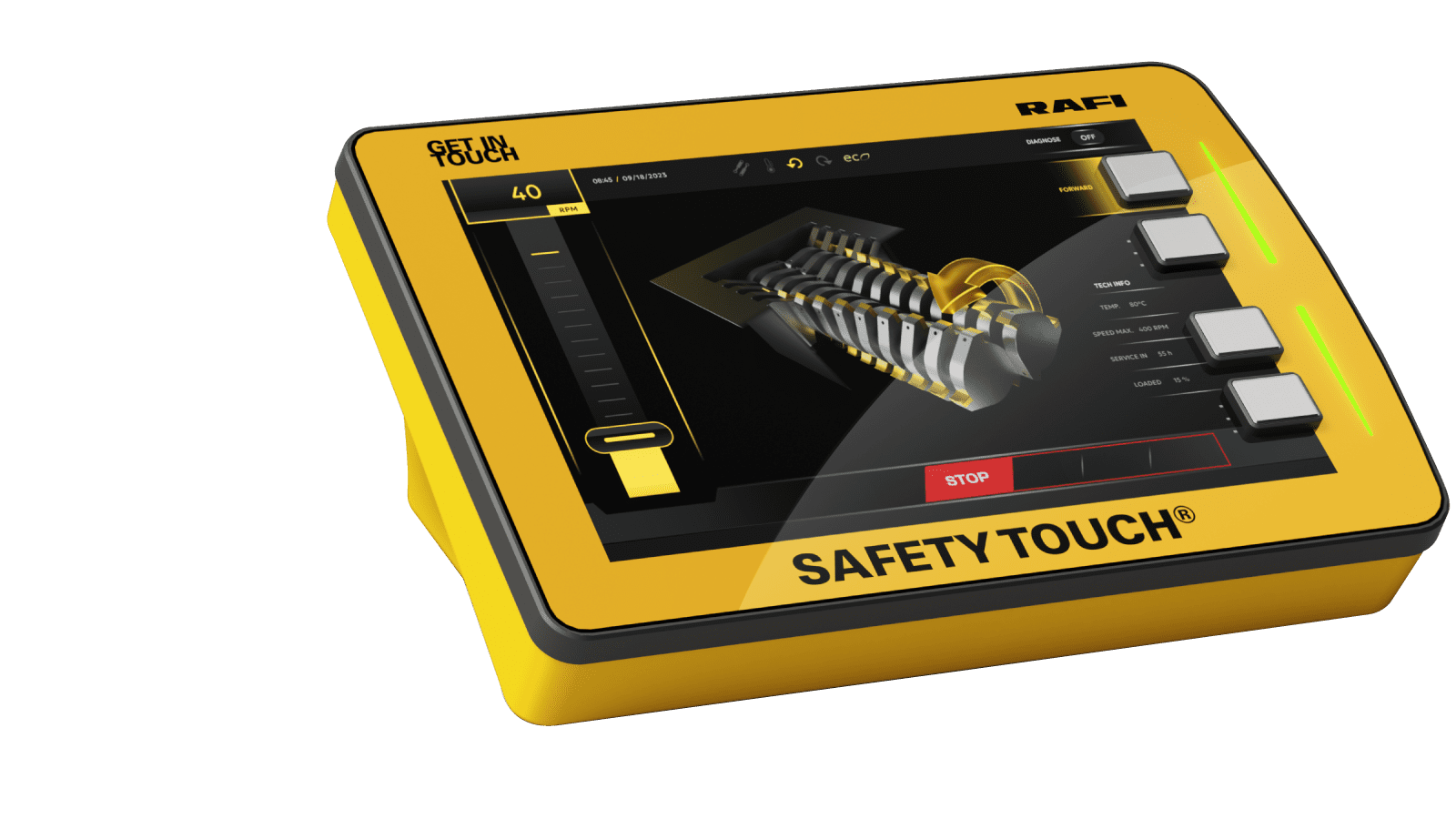 a yellow-colored sample of a SAFETY TOUCH device featuring touchscreen and physical buttons